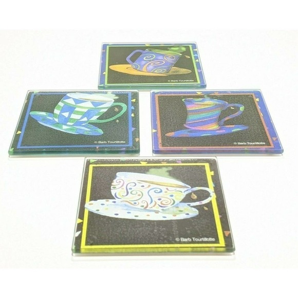 Coasters Glass 4" Square Coffee Cup Mug Set 4 Barb Tourtillotte - Picture 1 of 2